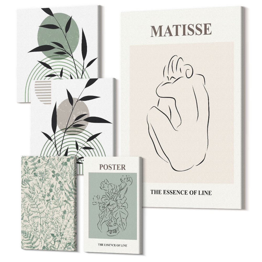 Sada obrazov pentaptych Štýlová grafika s rastlinnými motívmi a líniami