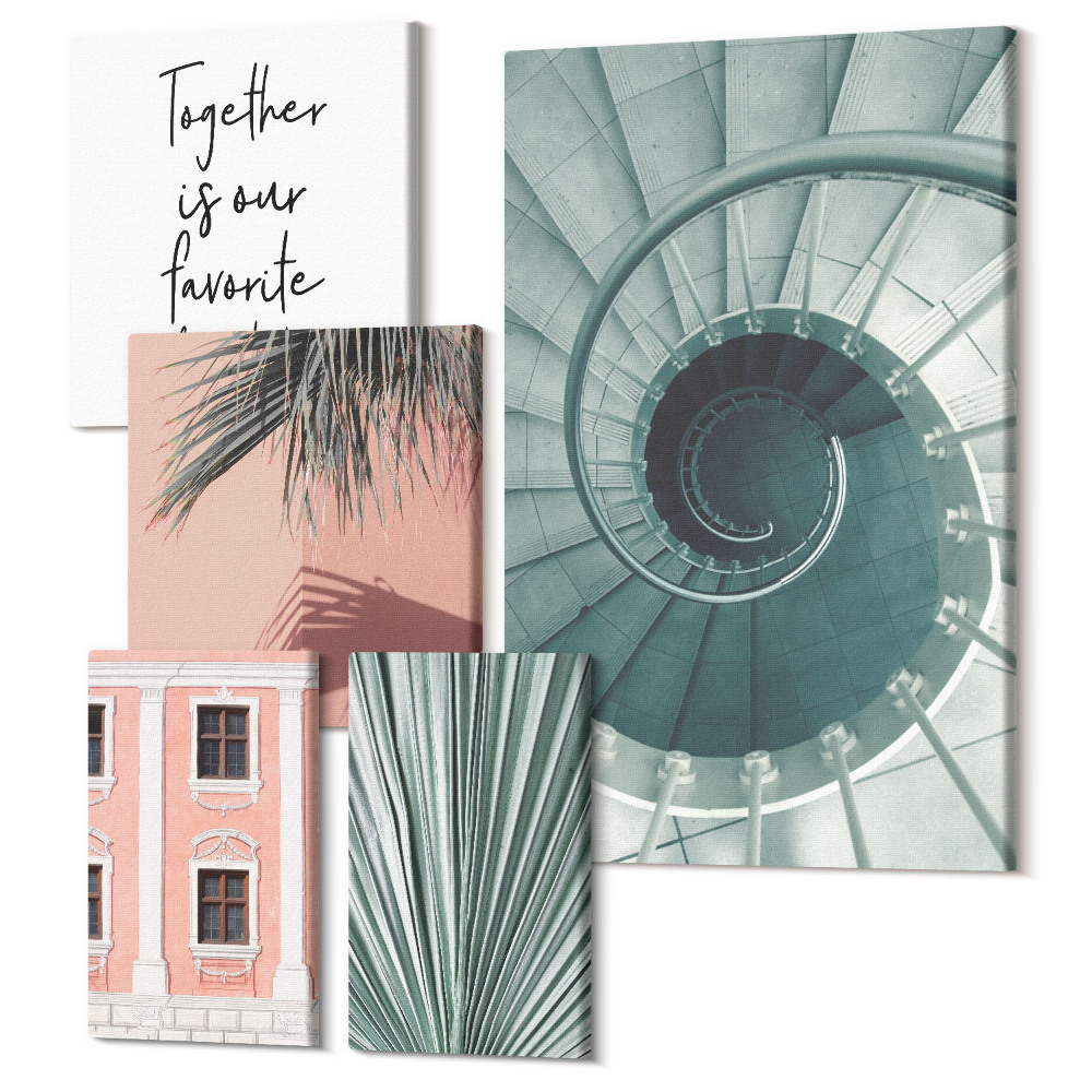 Sada obrazov na stenu pentaptych Štýlové interiéry s geometrickými vzormi a rastlinami