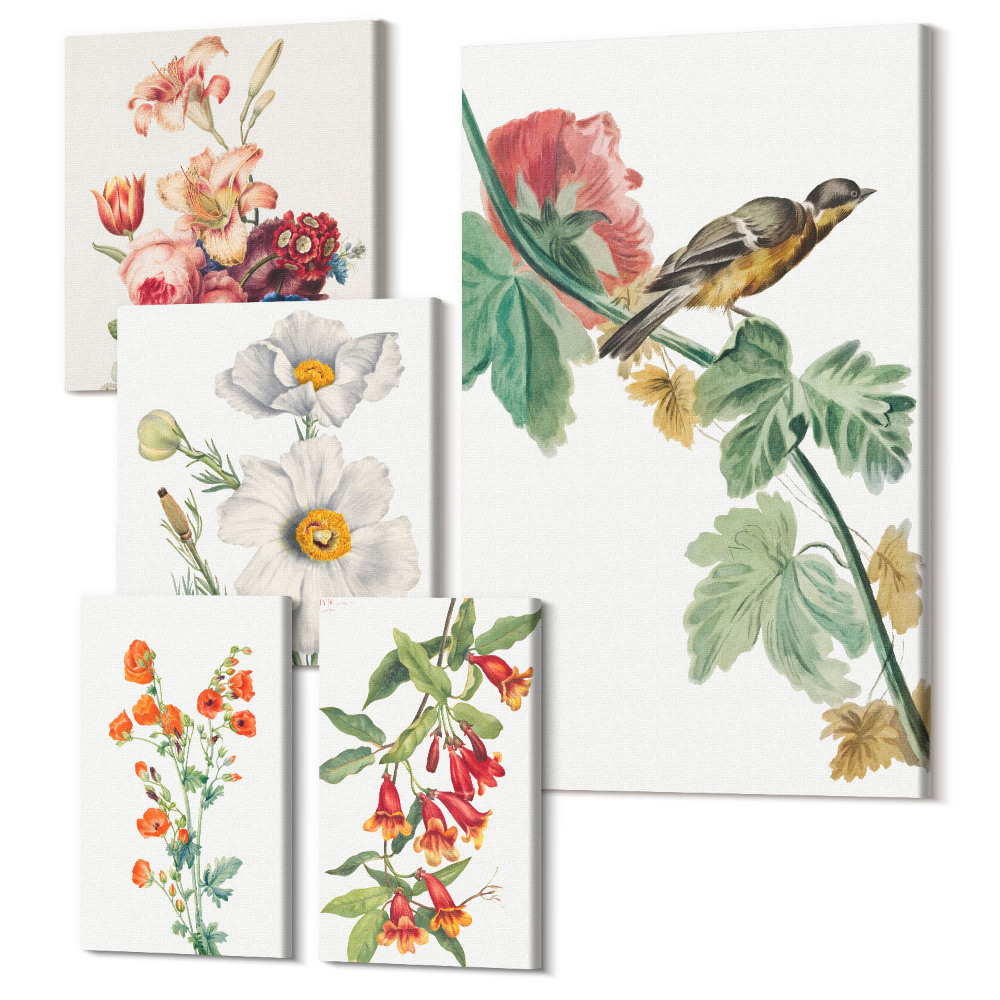 Sada obrazov pentaptych Vintage kvetinové a vtáčie motívy pre domácu dekoráciu