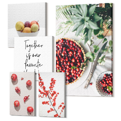 Sada obrazov pentaptych Ovocné kompozície s rastlinnými motívmi a textom