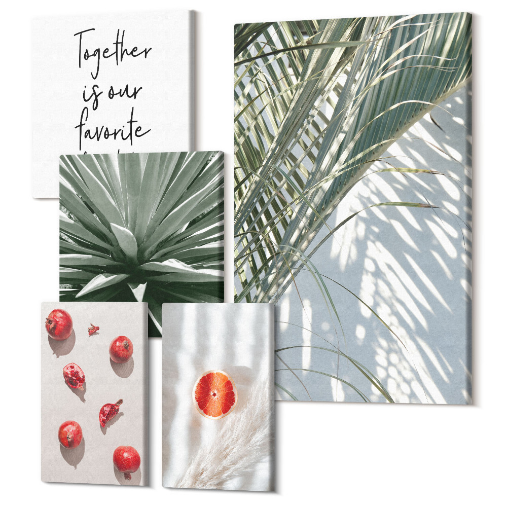 Sada obrazov na stenu pentaptych Boho štýl s rastlinnými motívmi a tropickým ovocím