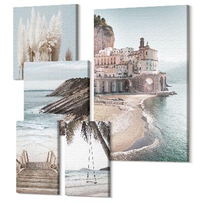 Sada 5 obrazov Štýlový výhľad na more s plážami a architektúrou