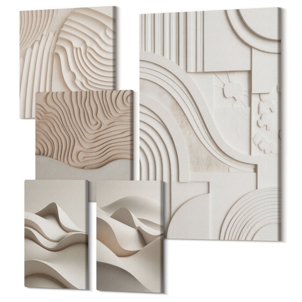 Sada obrazov pentaptych Abstraktné štrukturálne formy v odtieňoch béžovej a bielej