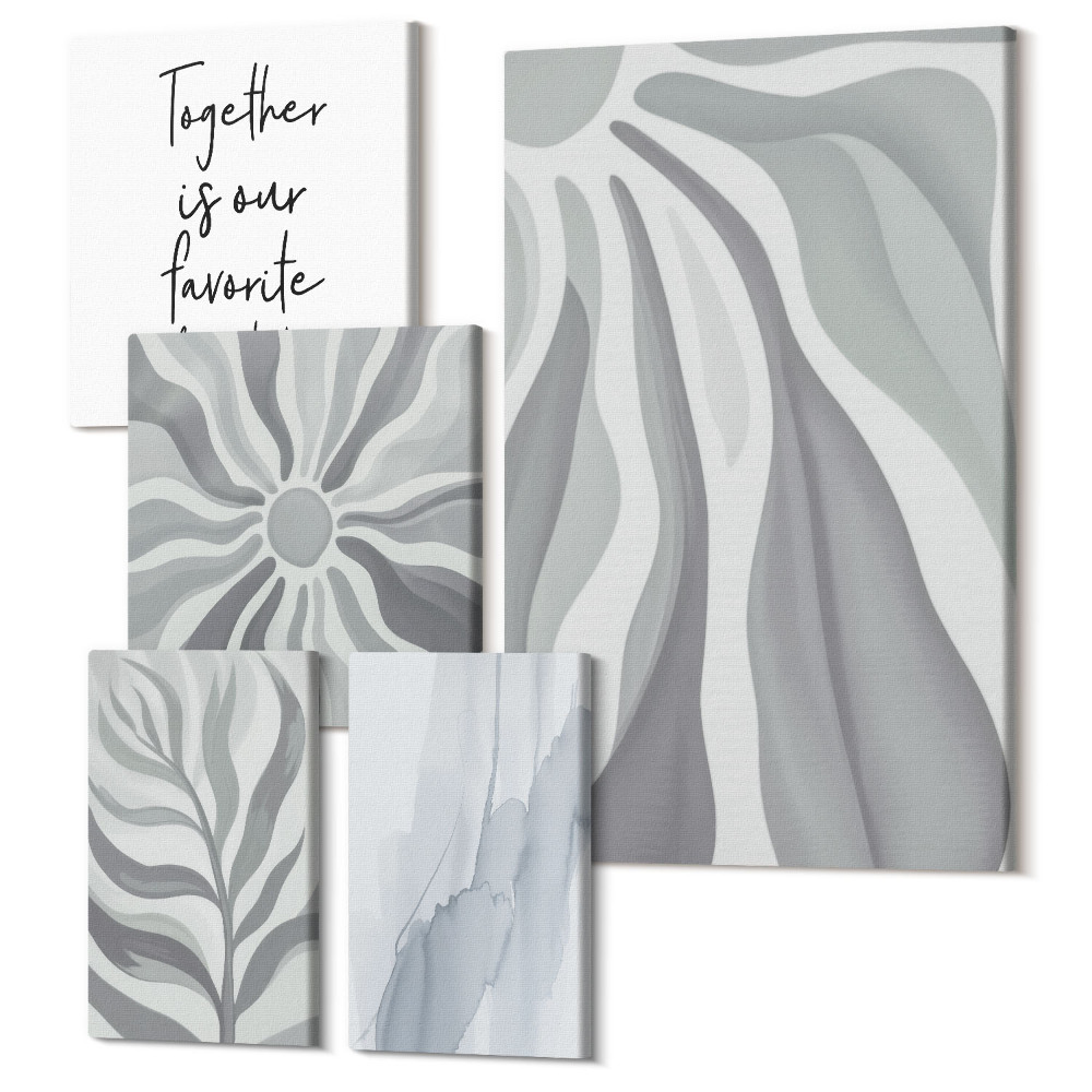 Sada obrazov na stenu pentaptych Abstraktné vzory v odtieňoch šedej a bielej