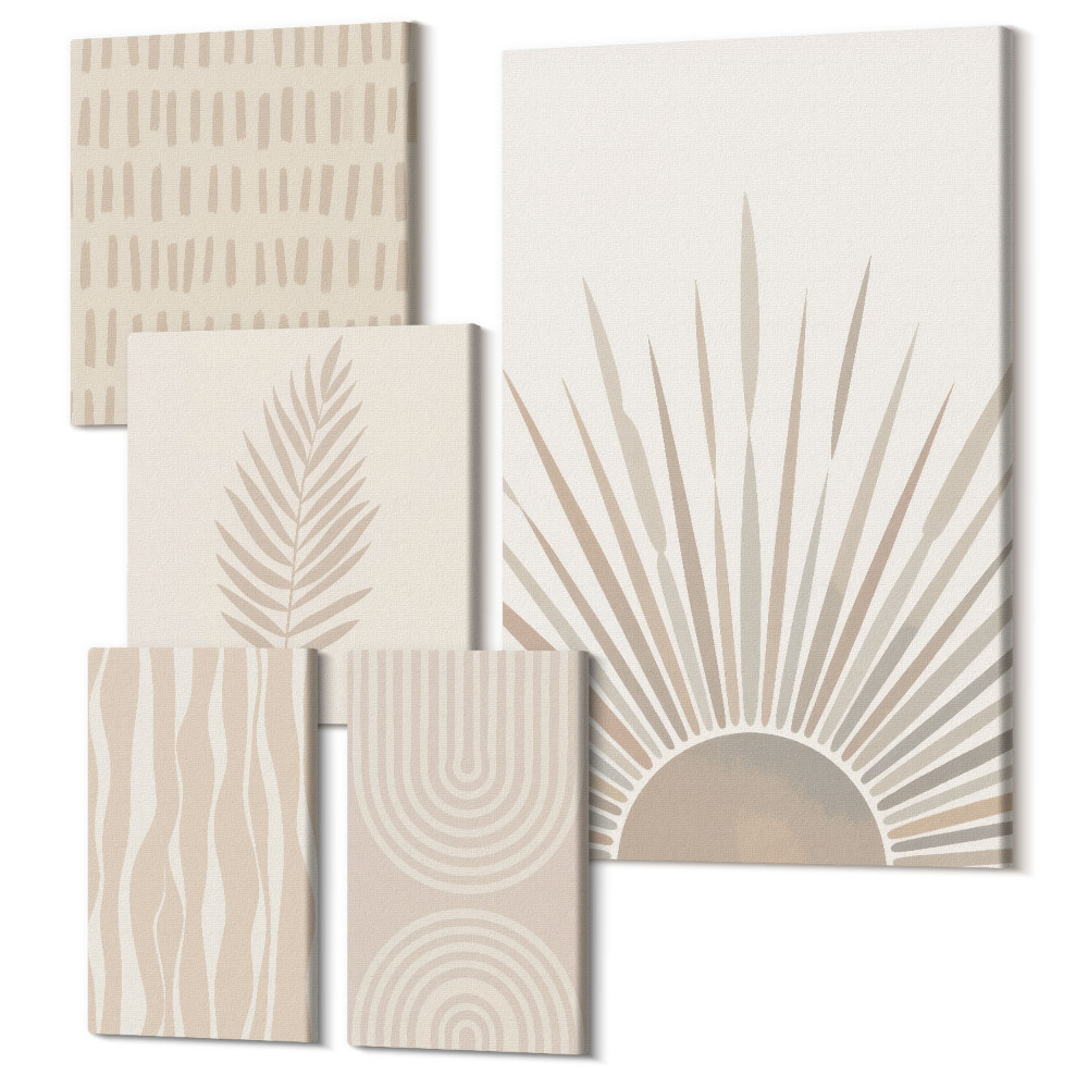 Sada obrazov pentaptych Štýlové dekorácie v odtieňoch prírody a geometrických vzoroch