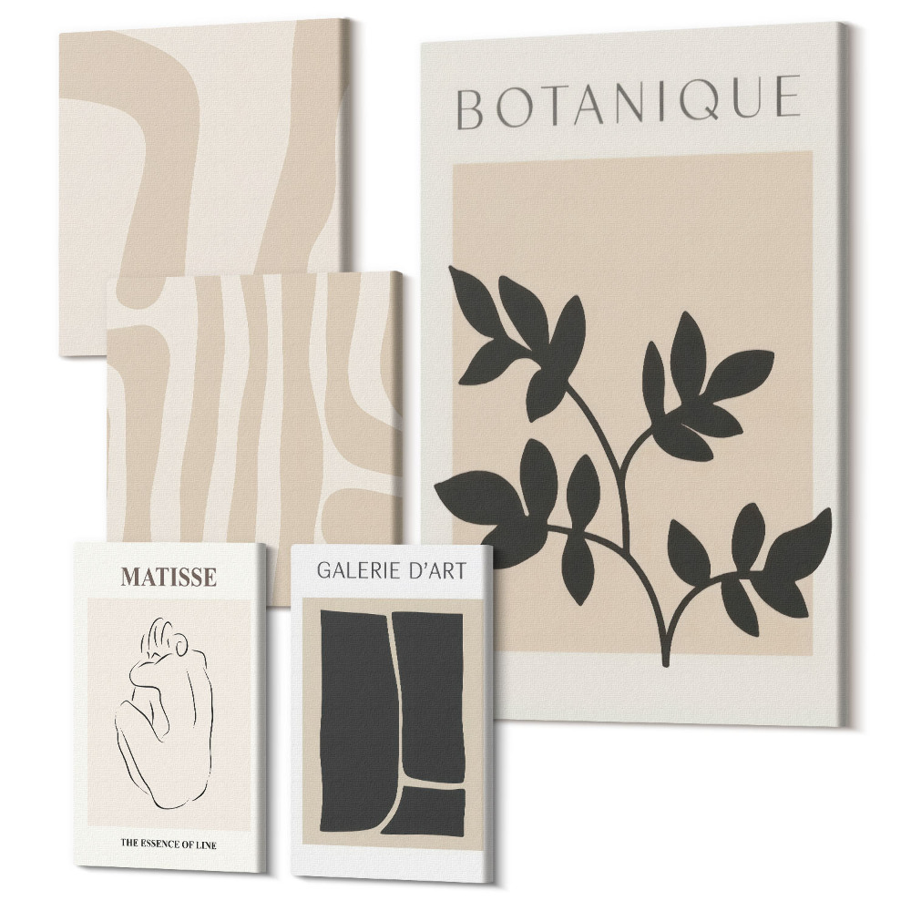 Sada 5 obrazov Štýlová grafika s rastlinnými motívmi a abstraktnými tvarmi