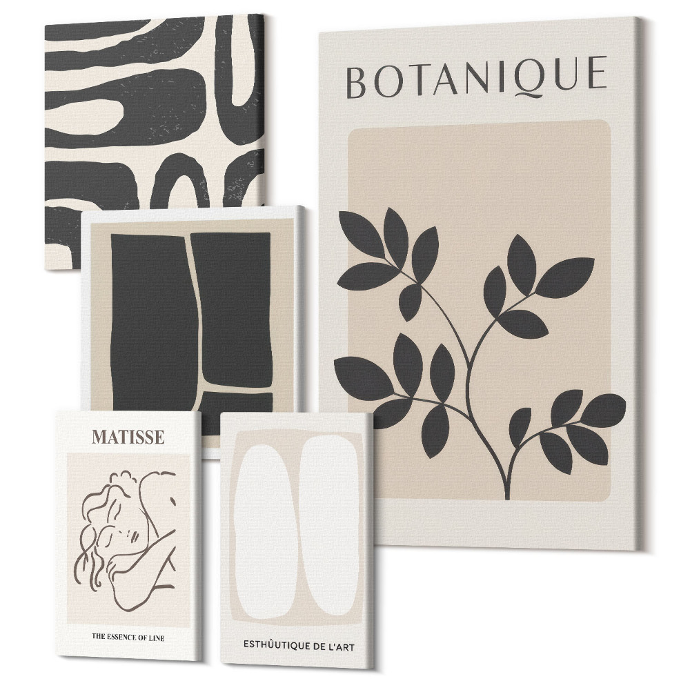 Sada obrazov pentaptych Štýlová grafika s rastlinnými motívmi a abstrakciou