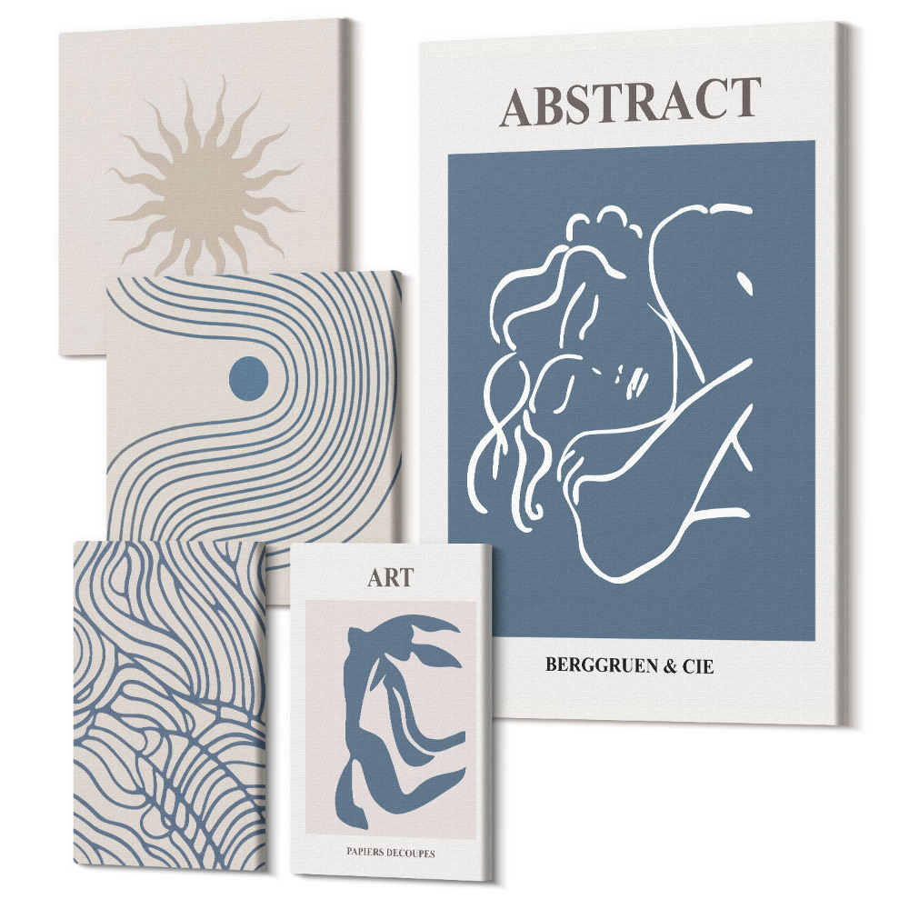 Sada obrazov pentaptych Štýlové abstrakcie s geometrickými tvarmi a líniami