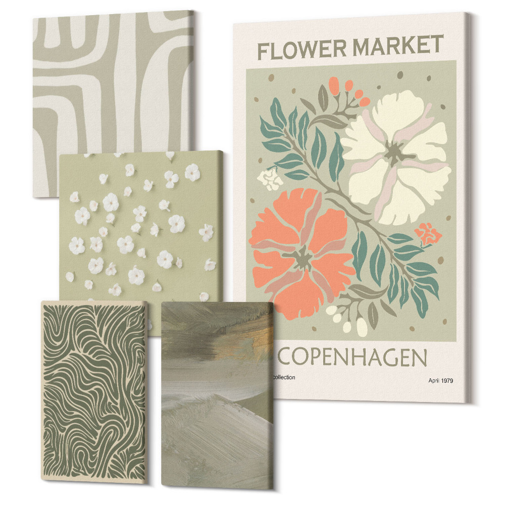 Sada obrazov na stenu pentaptych Rastlinné motívy a abstraktné vzory v štýle boho