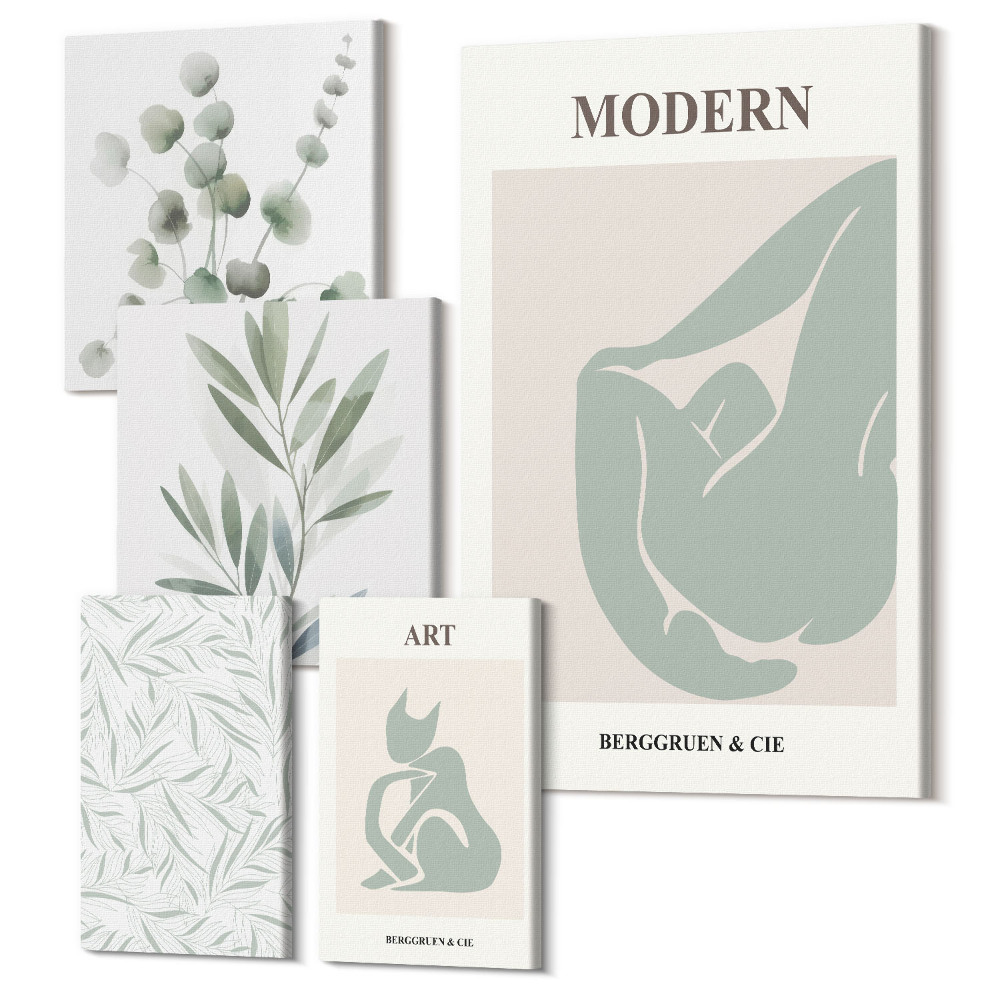 Sada 5 obrazov Štýlová grafika s rastlinnými motívmi a abstraktnými tvarmi