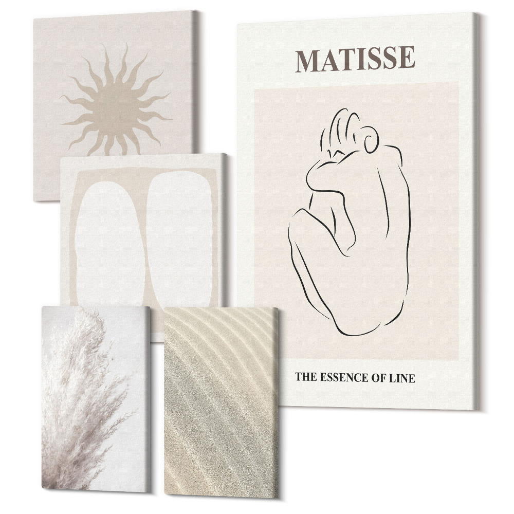 Sada obrazov na stenu pentaptych Boho štýl, minimalistické formy a prírodné motívy