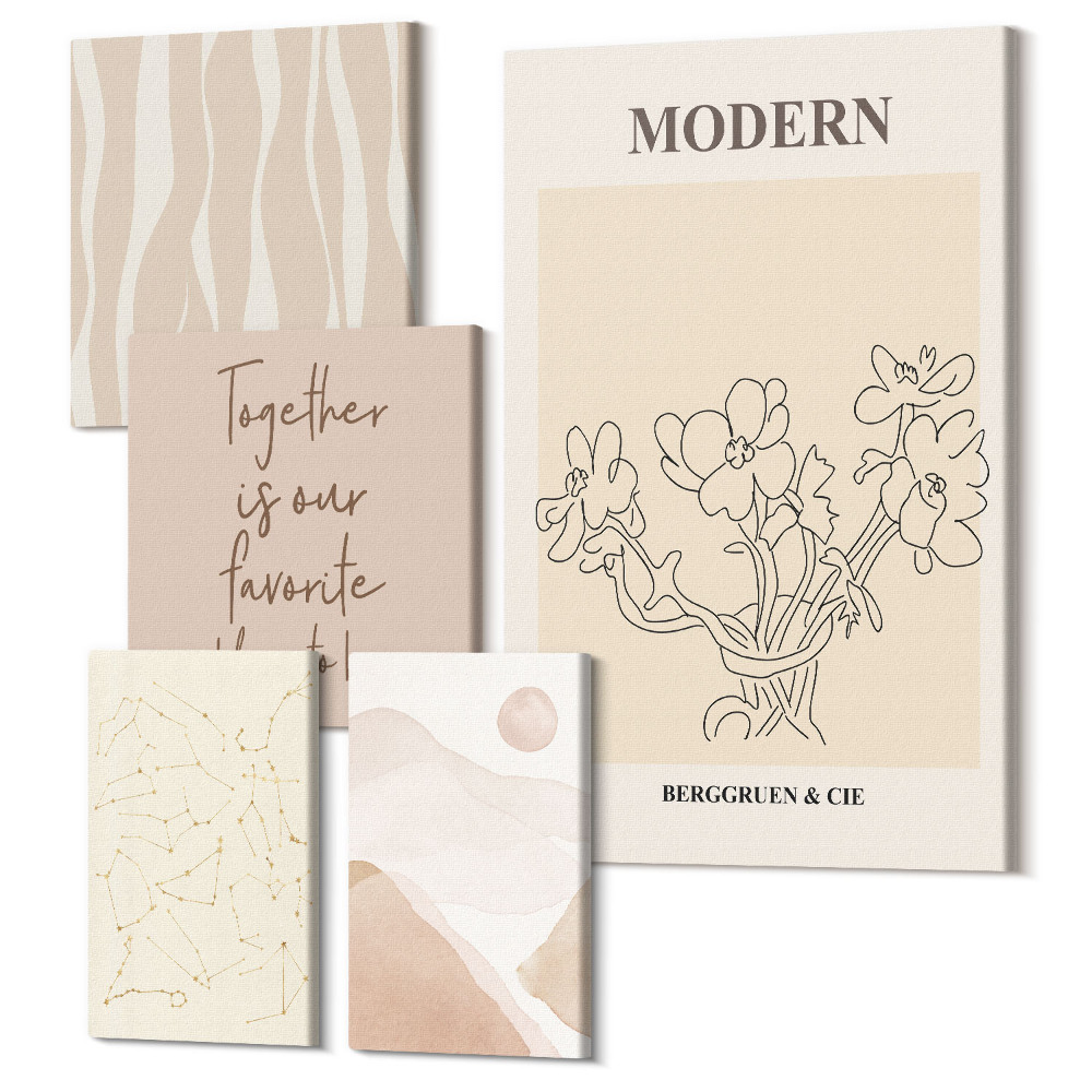 Sada obrazov na stenu pentaptych Moderná súprava v minimalistickom štýle s abstraktnými motívmi