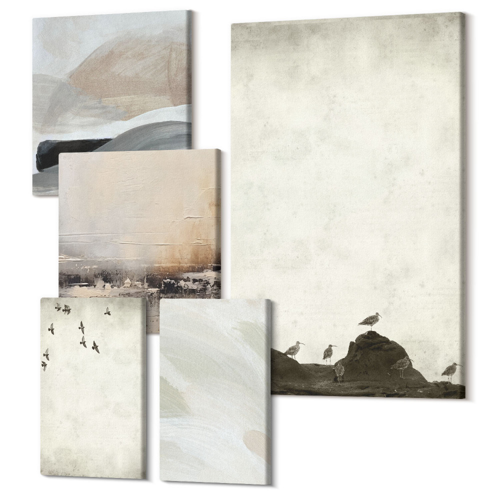 Sada obrazov pentaptych Vtáky, kamene a ťahy štetcom minimalistické dekorácie