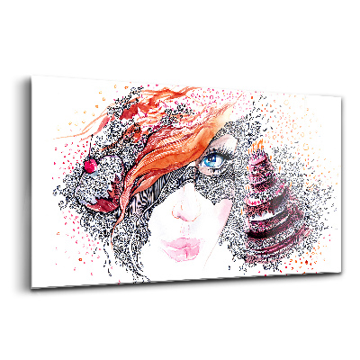 Sklenený obraz Sladká žena s abstraktným koláčom