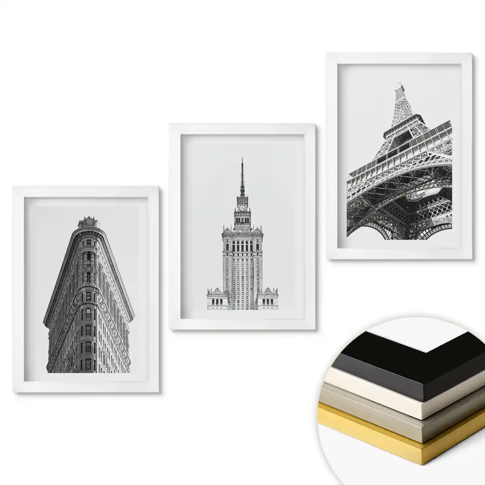 Sada 3 obrazov v ráme Architektonické ikony v monochromatickom štýle