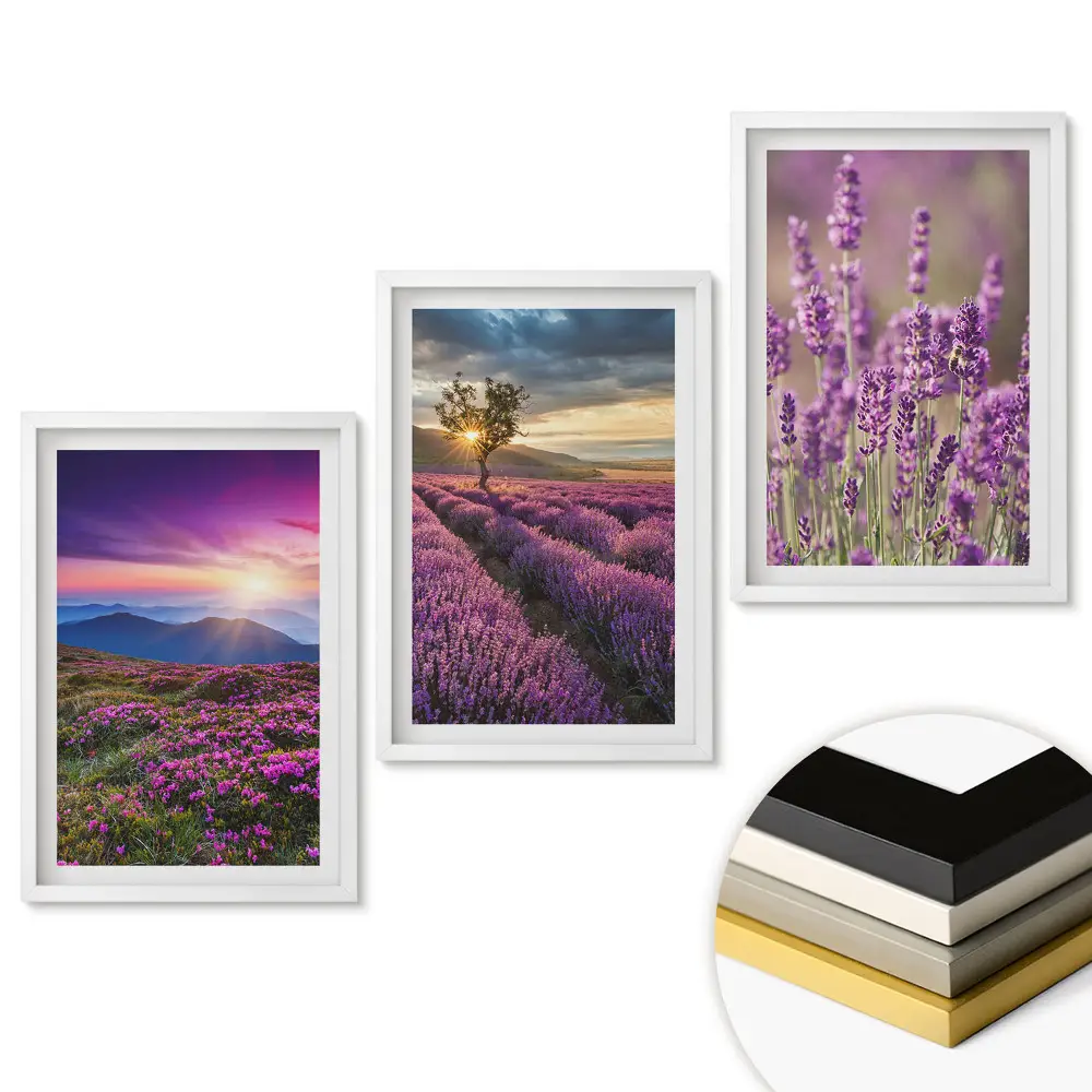 Triptych v ráme Krajina levanduľových polí pri západe slnka