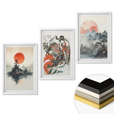 Set obrazov na stenu Japonské krajiny s červeným slnkom