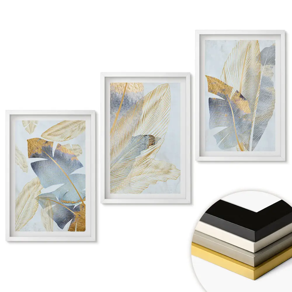 Triptych Zlaté listy na jemnom pozadí v ráme