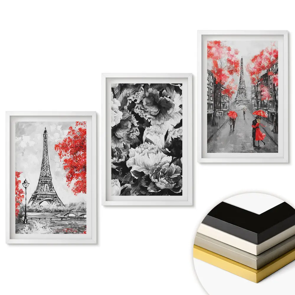 Triptych Eiffelova veža s červenými akcentmi v ráme
