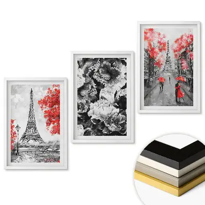 Triptych Eiffelova veža s červenými akcentmi v ráme