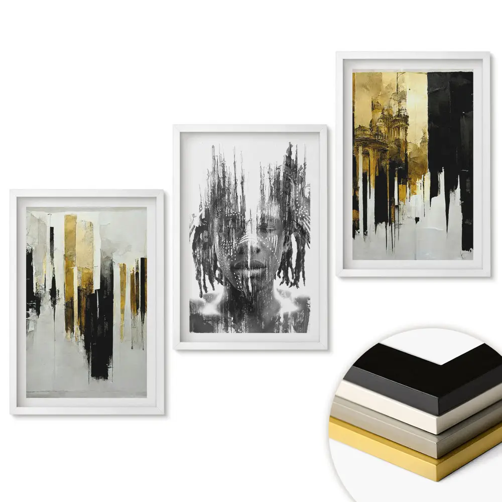 Triptych v ráme Abstraktná kombinácia čiernej a zlatej