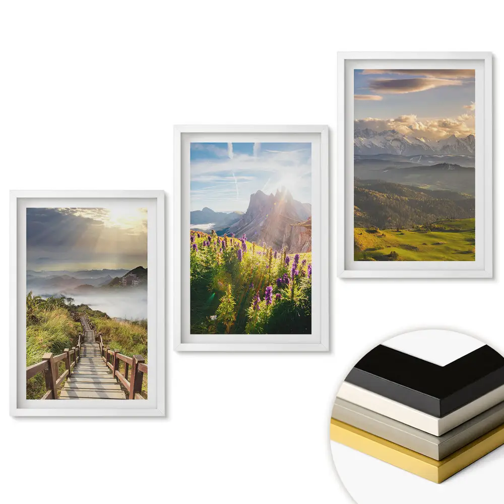 Triptych v ráme Malebná horská a kvetinová krajina