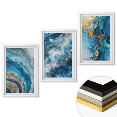 Triptych Modré abstrakcie so zlatými akcentmi v ráme