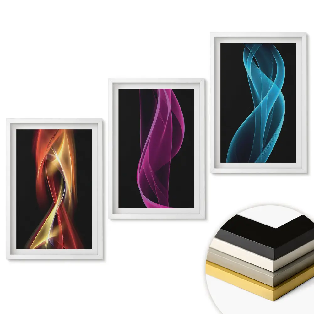 Triptych v ráme Farebné vlny svetla na čiernom pozadí