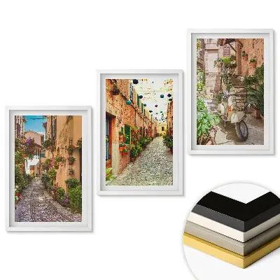 Triptych Očarujúce uličky plné kvetov v ráme