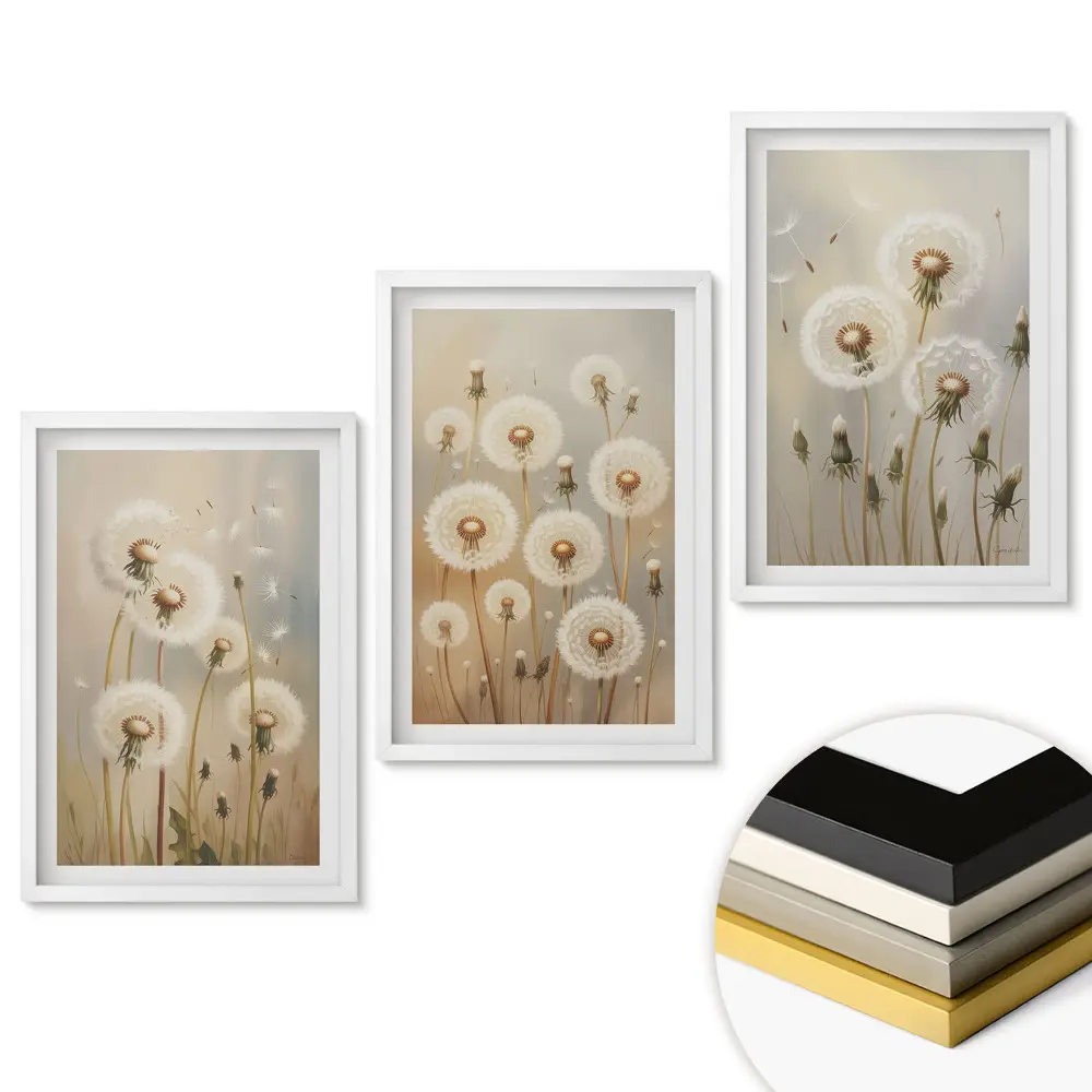 Triptych v ráme Jemné púpavy v pastelových odtieňoch
