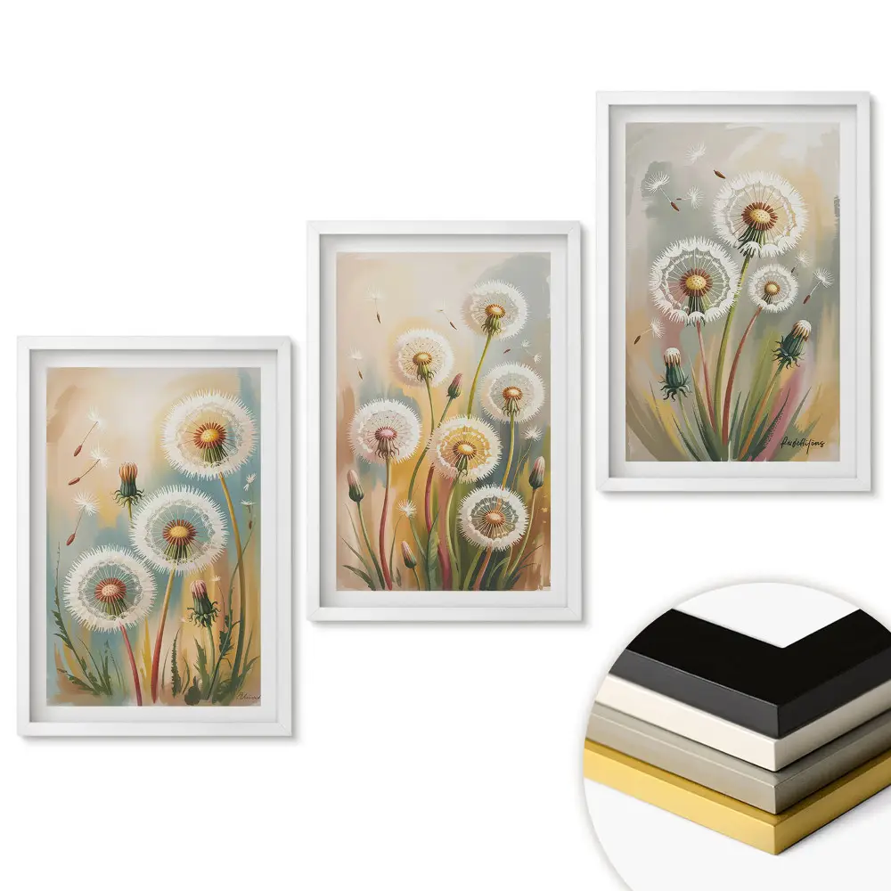 Triptych v ráme Nadýchané púpavy v pastelových farbách