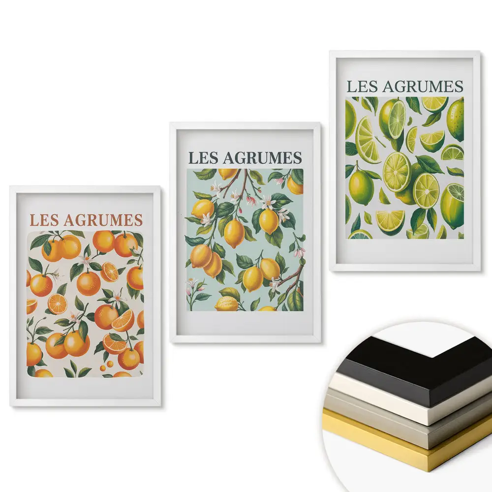 Triptych v ráme s farebnými ilustráciami citrusového ovocia