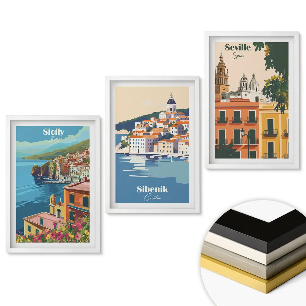 Triptych v ráme Očarujúce miesta v Európe v ilustráciách