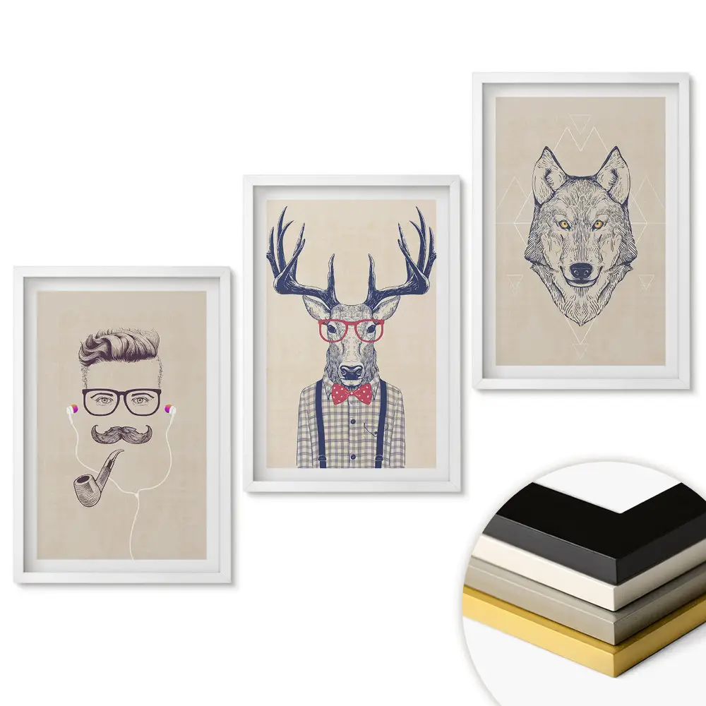 Triptych v ráme Štýlové zvieratá a ľudia v ilustráciách