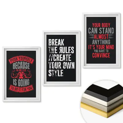 Triptych v ráme Motivačné slogany pre cvičenie a život