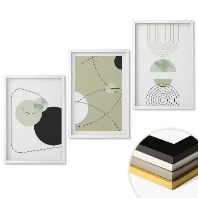 Triptych v ráme s abstraktnými tvarmi v tlmených farbách