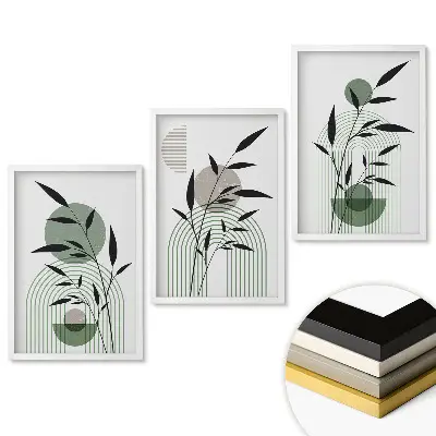 Triptych v ráme s minimalistickými rastlinnými motívmi