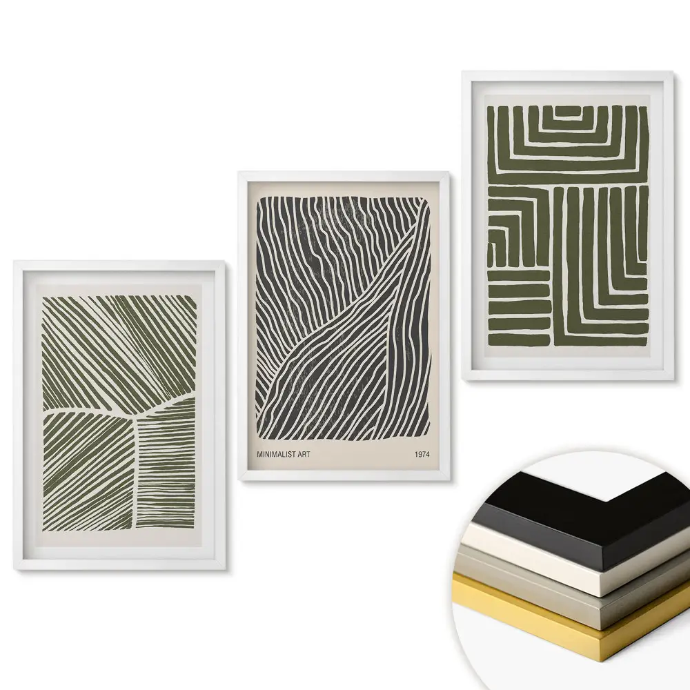 Triptych v ráme s abstraktnými vzormi v odtieňoch zelenej