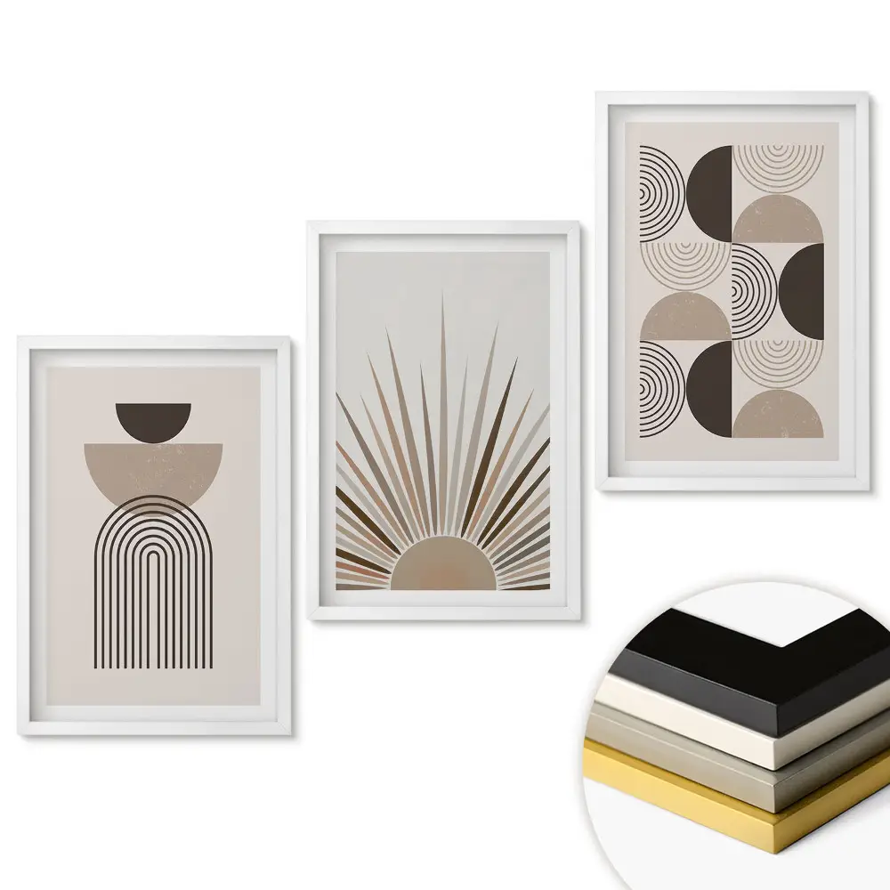 Triptych v ráme s modernou grafikou v tlmených farbách