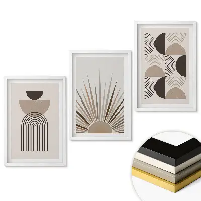 Triptych v ráme s modernou grafikou v tlmených farbách