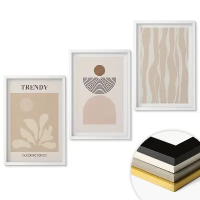 Moderný triptych v ráme s grafikou v tlmených farbách