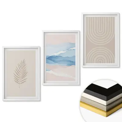 Minimalistická grafika v pastelových farbách ako triptych v ráme