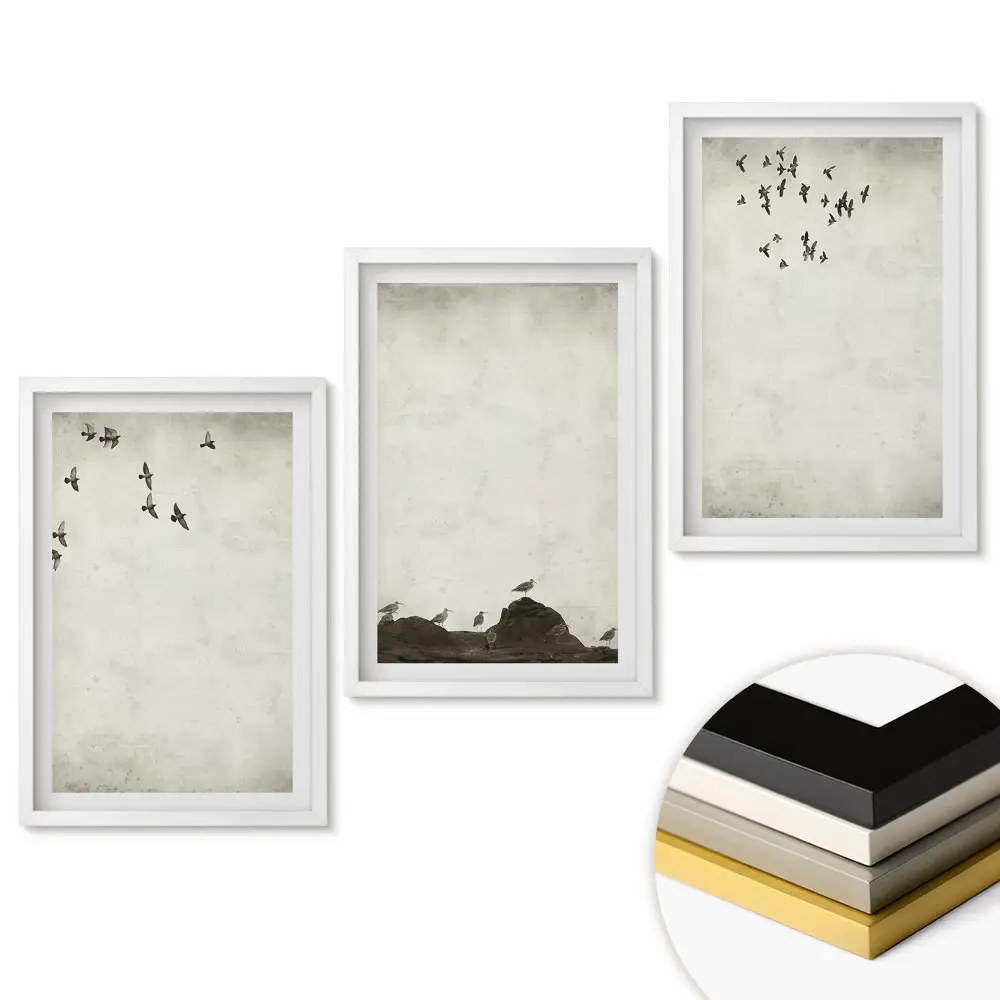 Triptych v ráme Vtáky letiace nad krajinou