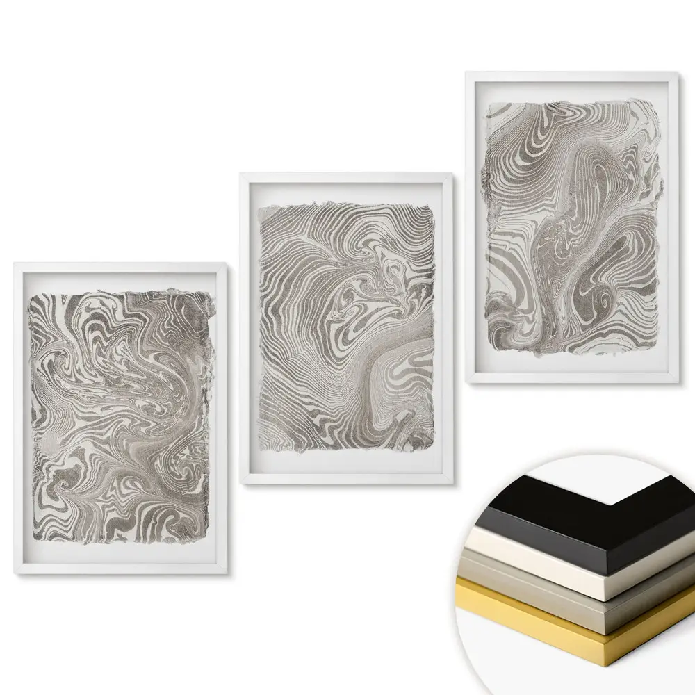 Triptych v ráme Abstraktné vlny v odtieňoch sivej