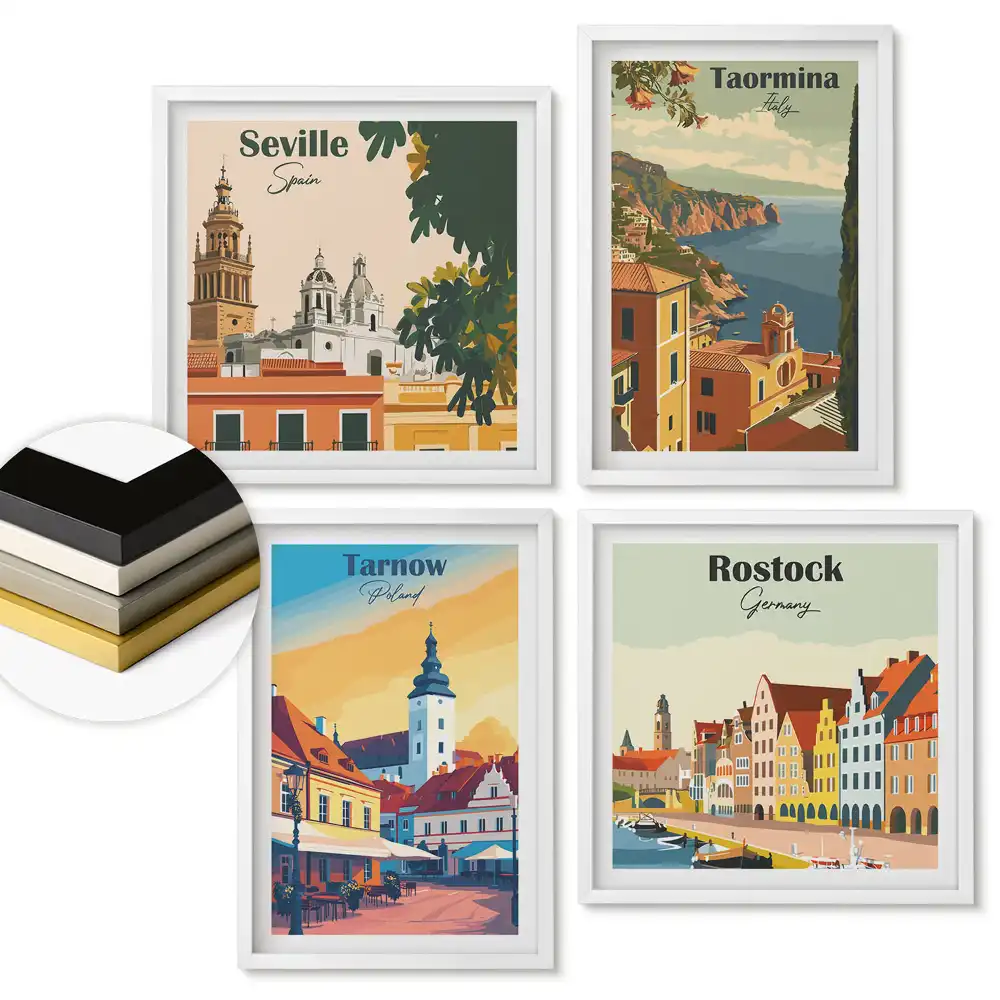 Sada 4 obrazov v ráme Európske mestá vo farebnej grafike