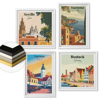Sada 4 obrazov v ráme Európske mestá vo farebnej grafike