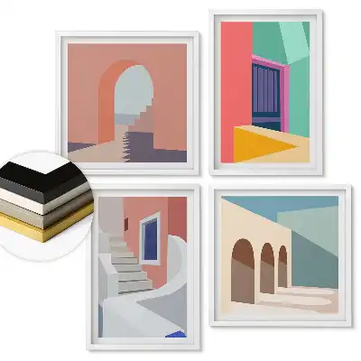 Sada obrazov v ráme s abstraktnou architektúrou v pastelových farbách