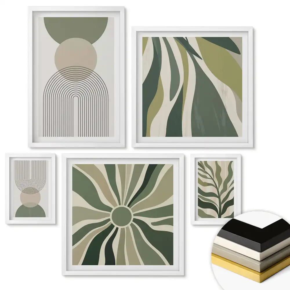 Sada 5 obrazov v ráme Abstrakcie zelených rastlín v harmónii