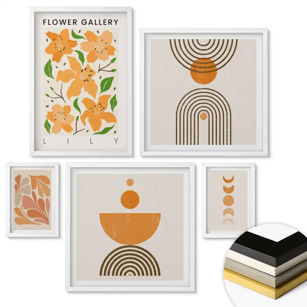 Sada 5 obrazov v ráme Abstraktné tvary v teplých farbách