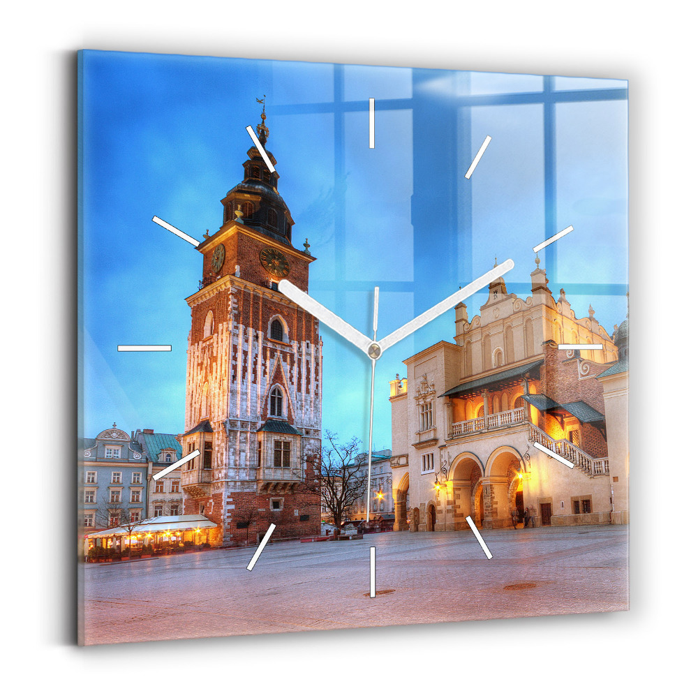 Štvorcové sklenené hodiny Hlavné trhové námestie v Krakove